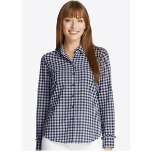 Draper James Gingham Button Down Ruffle Shirt Nassau Blue White Coastal Size 8 M